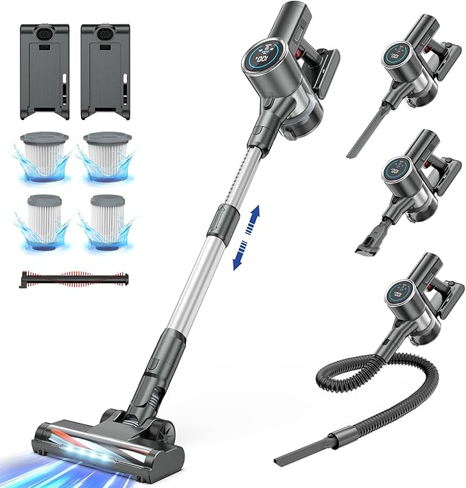 Cordless Vacuum Cleaner, 450W 35KPA 100Mins Runtime Powerful Stick Vacuum for Home, Touch Screen, Rechargeable Handheld Vacuum for Home/Pet Hair/Carpets/Hard Floors(Grey)