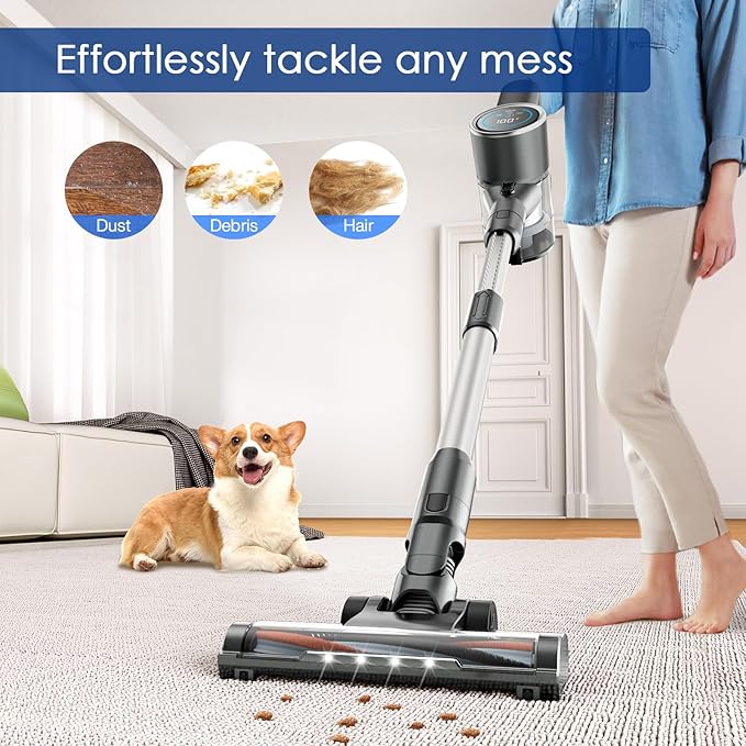 Cordless Vacuum Cleaner, 450W 35KPA 100Mins Runtime Powerful Stick Vacuum for Home, Touch Screen, Rechargeable Handheld Vacuum for Home/Pet Hair/Carpets/Hard Floors(Grey)